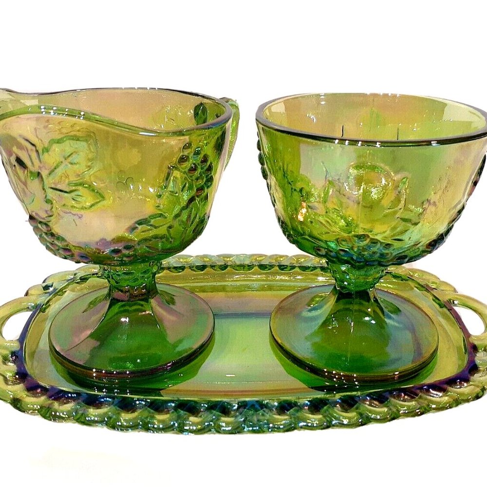 Elegant vintage Iridescent Carnival Green Glass Coffee / Tea Set With Platter